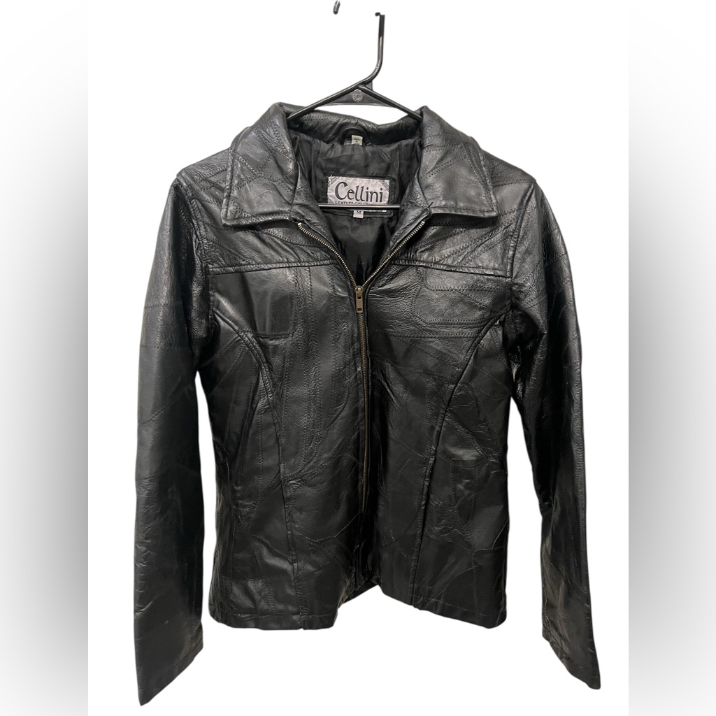 Cellini Womens Black Genuine Leather Jacket Size M Zip Front Classic Style